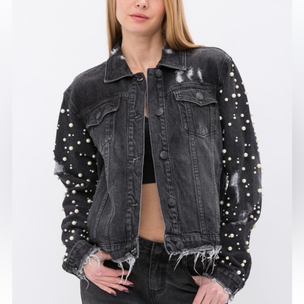 Black Pearl Embellished Frayed Hem Denim Jacket NWT - (#0067)